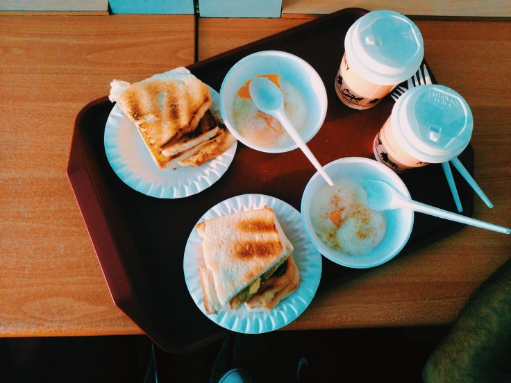 The traditional Kaya toast and coffee as breakfast combination